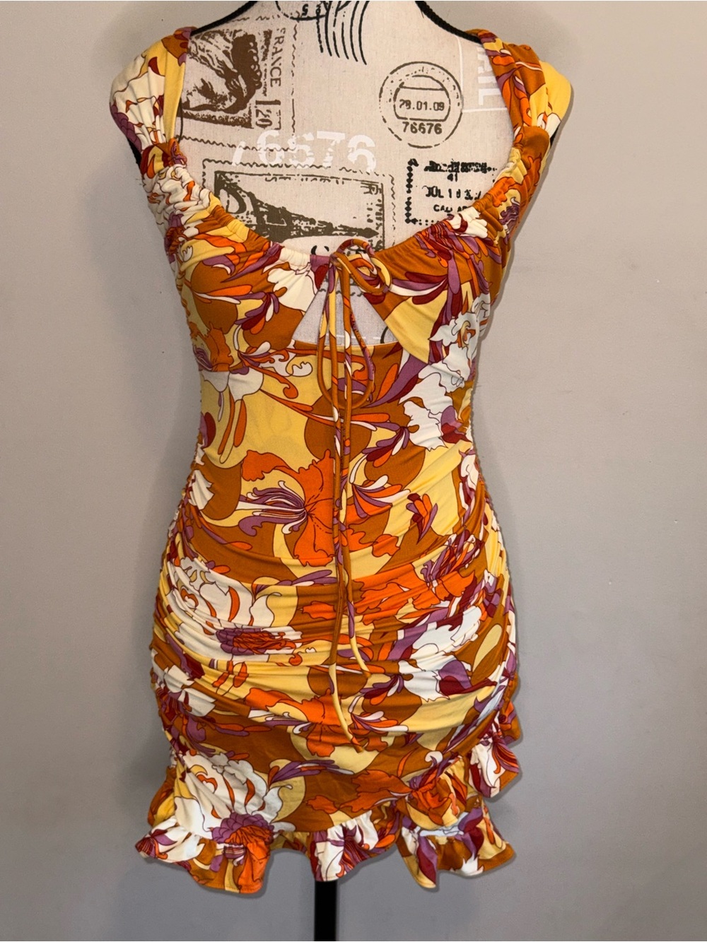 NWT- Urban Outfitters Yellow Orange Floral Tie-Front Ruched Mini Dress - Size XS